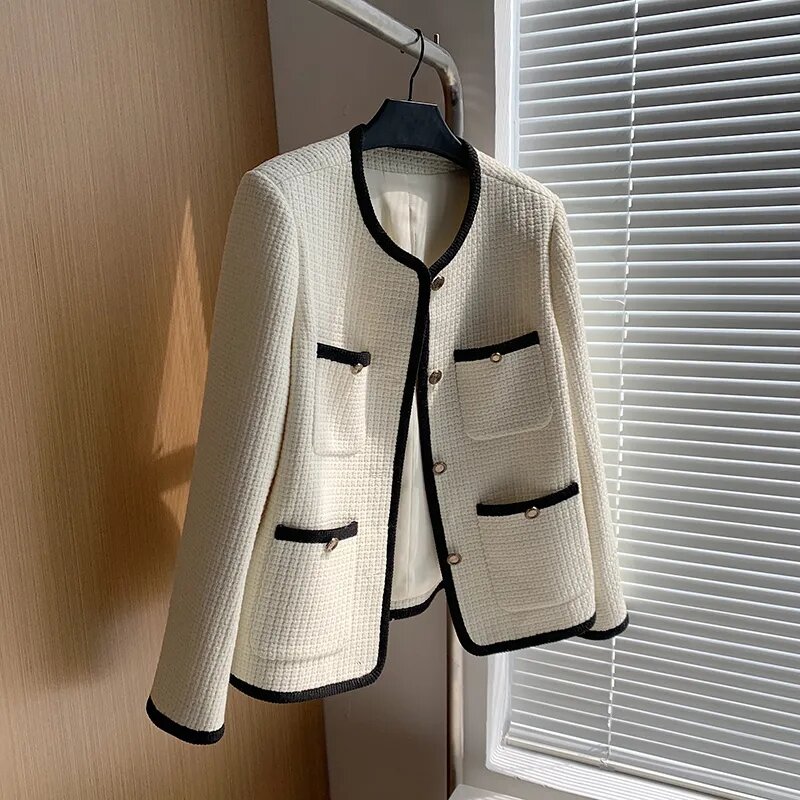 Manteau en tweed à col rond coréen pour femmes, veste polyvalente, petit manteau parfumé, document d'abonnés, mode printemps et automne, nouveau