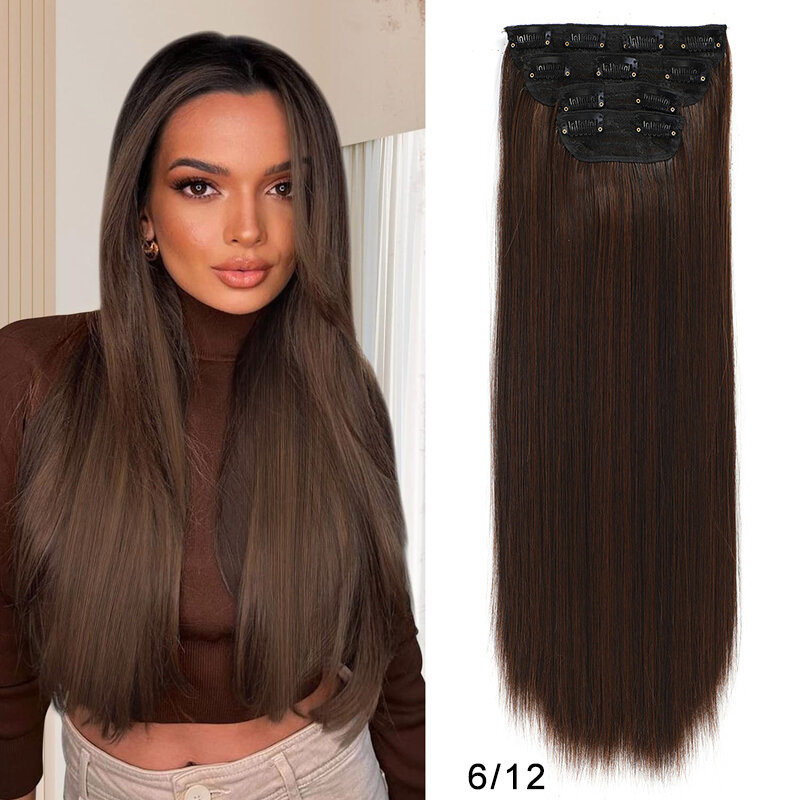 Extensión de cabello largo y liso de una pieza, pelo sintético de 24 "y 200g, 11Clips, color rubio, marrón y negro, resistente al calor