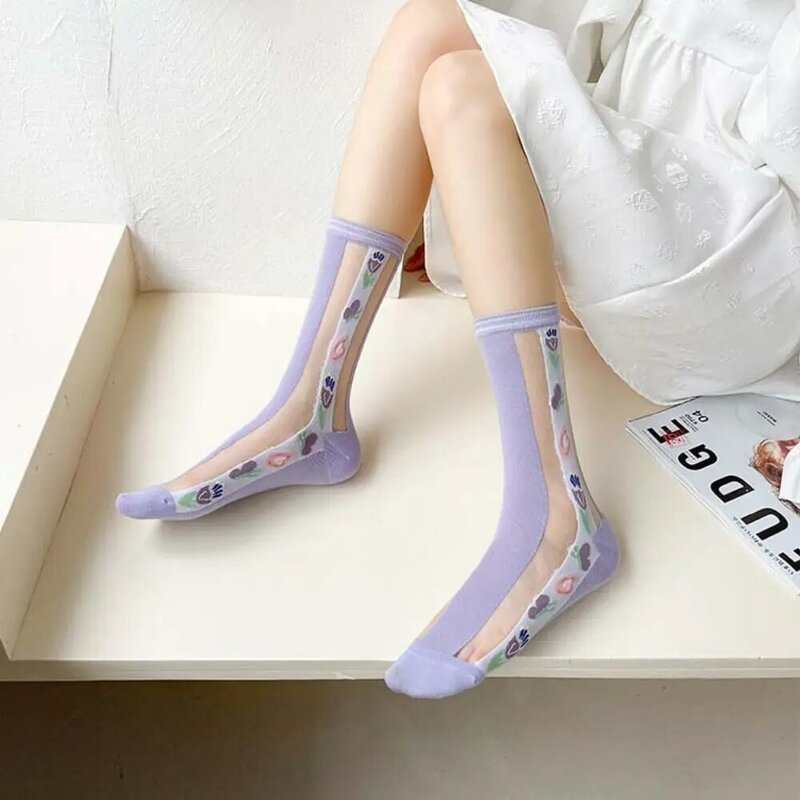 Кружевные сетчатые шелковые носки с кристаллами в японском стиле Харадзюку эластичные длинные носки летние ультратонкие прозрачные милые женские носки