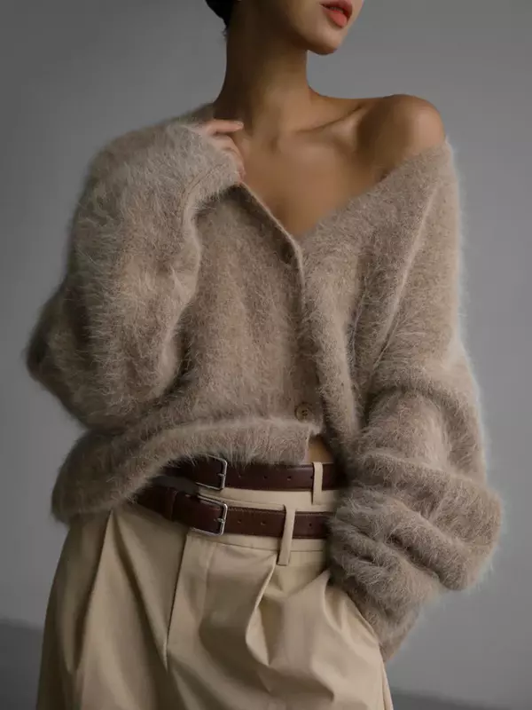 Bornladies donna imitazione visone Cardigan morbido scollo a v giacca lavorata a maglia Thiick bottone invernale Cardigan Vintage maglione per le donne