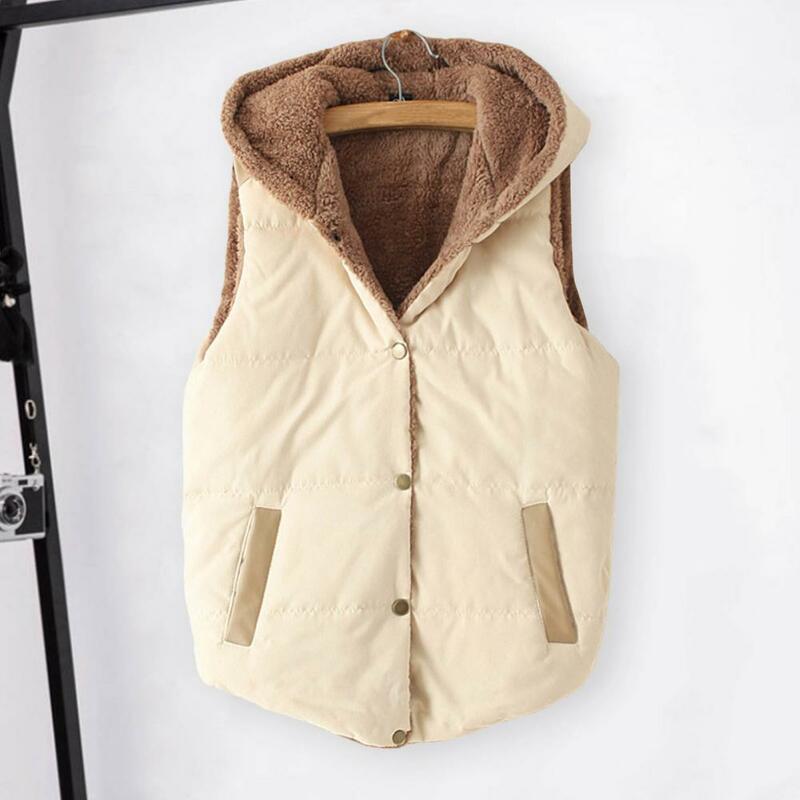 VOLALO Winter Cashmere Vest Women Hooded Thick Sleeveless Jacket Casual Loose Padde Vest Solid Warm Waistcoat With Pocket