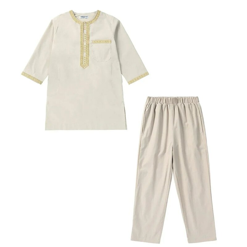 Conjunto de 2 piezas para niños musulmanes, vestido estampado y cuello redondo de manga larga, camisa Abaya, Kaftan, Jubba, Thobe, ropa islámica