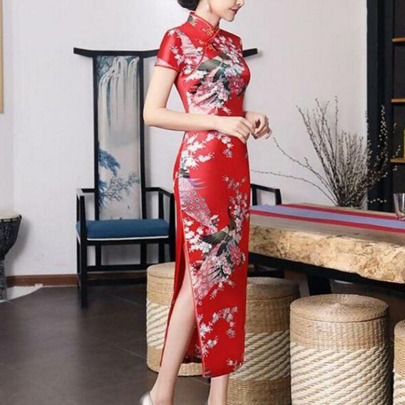 Vestido estampado em estilo nacional chinês feminino, gola alta, mangas curtas, divisão para o lado alto, cetim cheongsam, Qipao fino sedoso