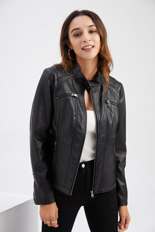 2024 new women's casual leather jacket stand collar jacket slim jacket women's spring and autumn solid color women's leather