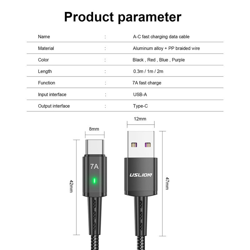 Fil de câble USB de type C pour téléphone portable, charge rapide, transfert de données, chargeur, 7A, Samsung S22, S20, Xiaomi Mi 12