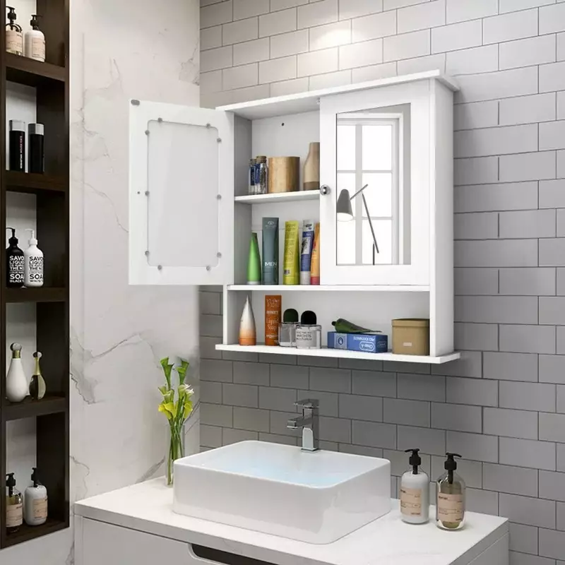 Armario de baño de montaje en pared, gabinete de almacenamiento con puertas de espejo dobles, armario de Medicina de madera (blanco)