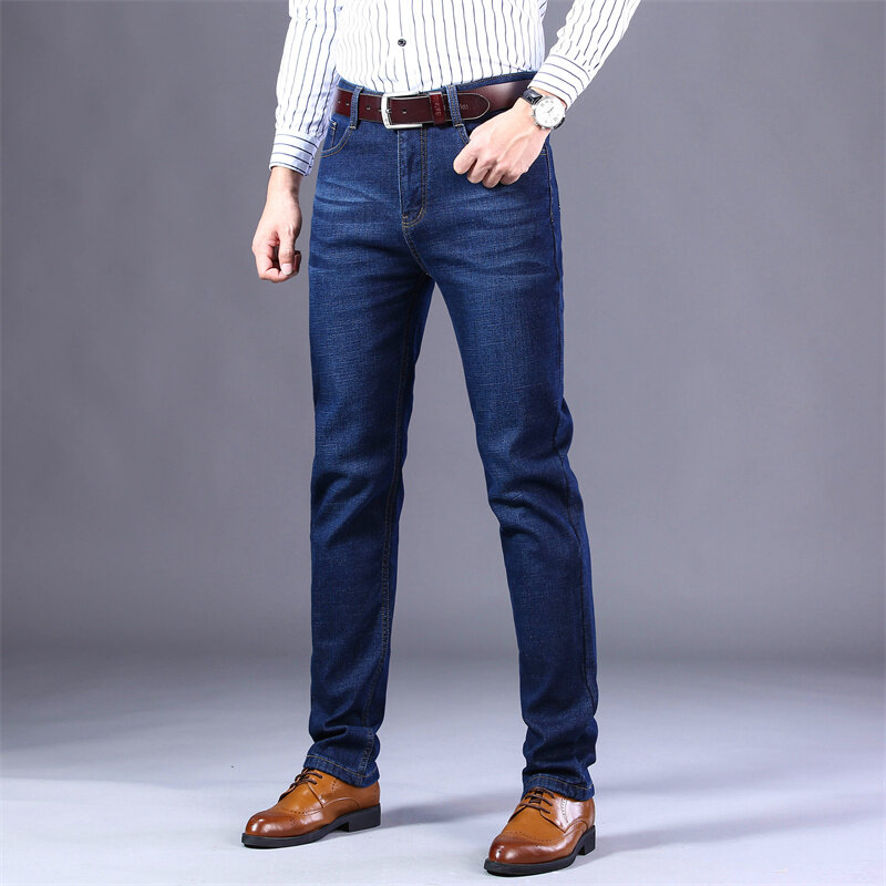 2022 Classic Fleece Thick Warm Men's Winter Fit Straight Jeans Business Casual Wear Mid High Waist Stretch Slim Denim Jeans