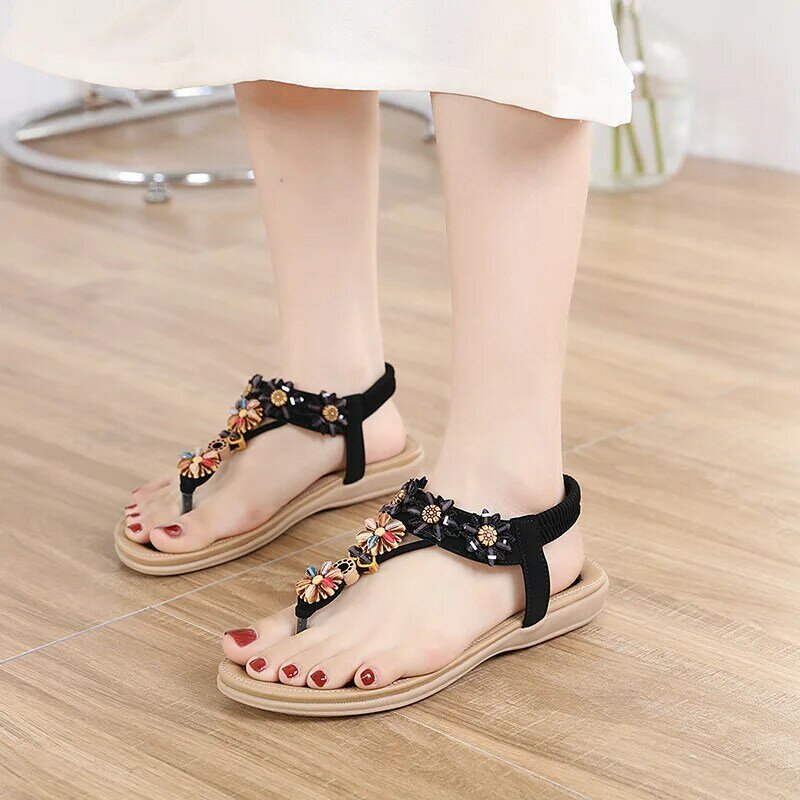 2024 Wholesale Summer New Rhinestone Flower Embroidered Line Flat Sandals Large Size Women Shoes