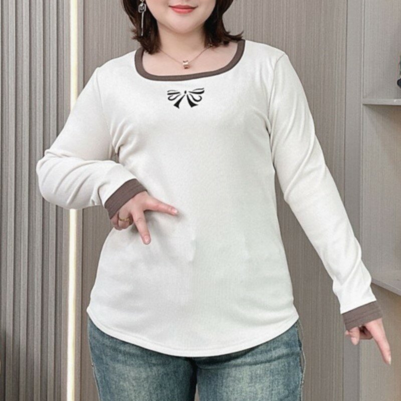 Женская футболка с длинным рукавом, свободная повседневная футболка контрастных цветов с бантом и квадратным вырезом, большие размеры, весна 2024