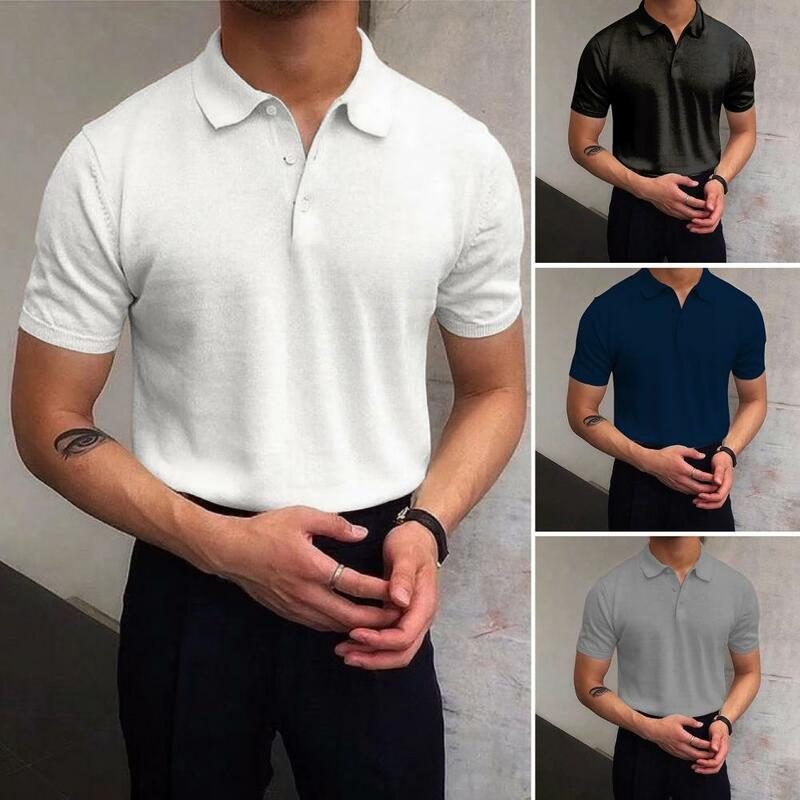 Men Shirt Turndown Collar Short Sleeve Solid Color Buttons Closure Knitting Dress Up Pullover Summer Men Lapel Shirt Daily Wear