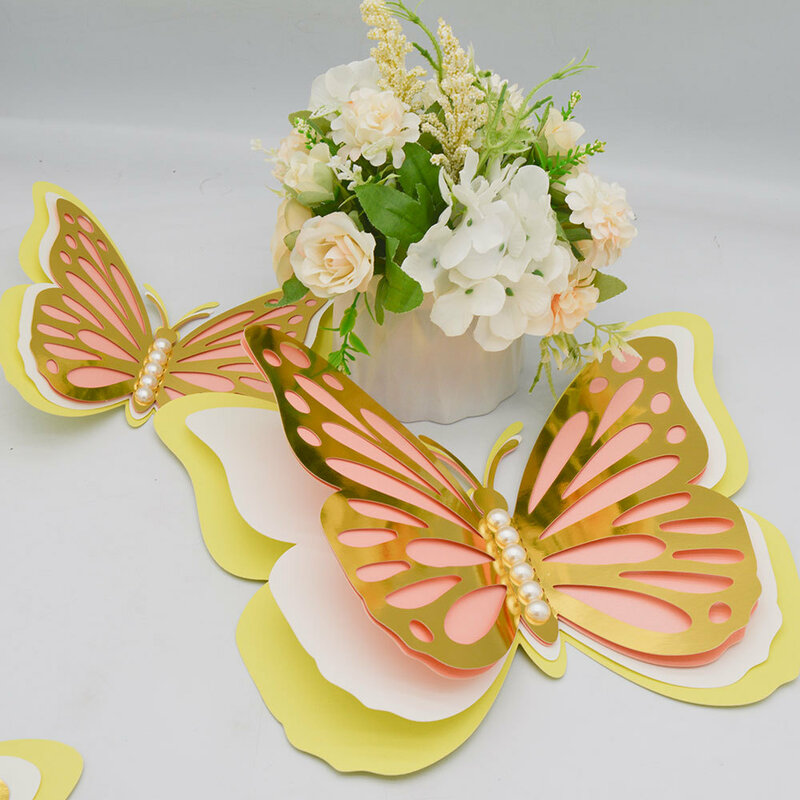 Autocollant mural papillon creux 3D à quatre couches, décoration de mariage, Festival, décoration de la maison, papier peint, papier perlé, autocollants papillons