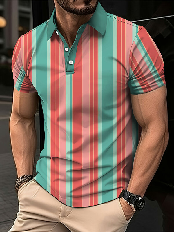 New Men'S Polo Shirt 3d Rainbow Printed Men Clothing Summer Casual Short Sleeved Loose Oversized Shirt Street Fashion Tops Tees