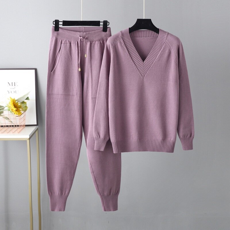 2023 autunno inverno maglione con scollo a V da donna Set di due pezzi pantaloni lavorati a maglia da donna abiti moda Casual Pullover tute Outwear