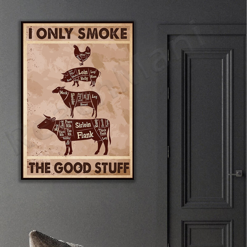 Póster de barbacoa i smoke only good stuff, cartel de barbacoa, cartel de corte de carnicero, fumar carne, amante de la carne, decoración de pared de cocina