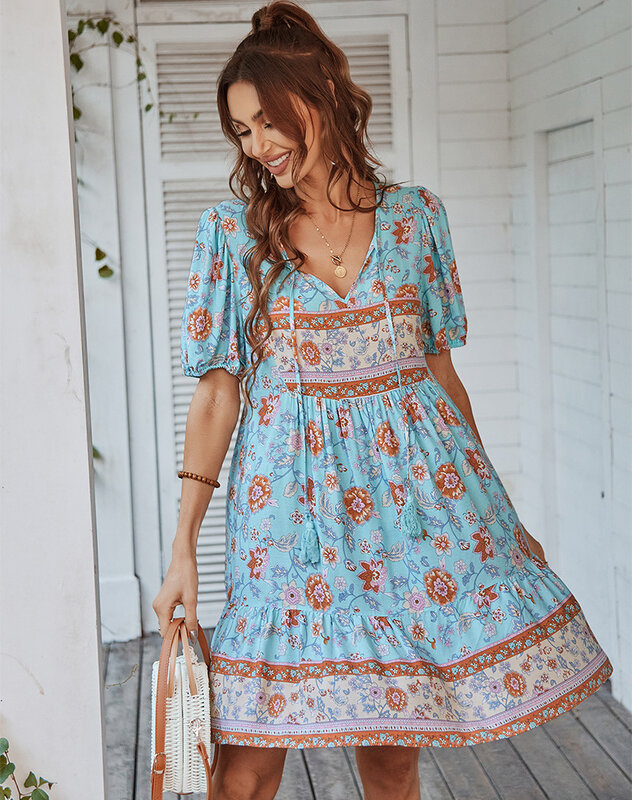 European Bohemian Leisure and Vacation Style Dress 2024 New Spring/Summer Printed Small and Fresh Age Reducing Skirt