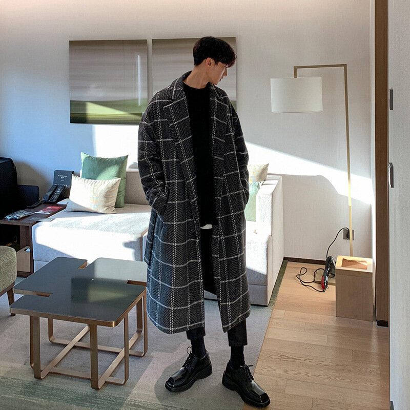 남성 가을 겨울 체크 코트, 한국 버전 트렌드 중간 길이 모직 코트, 학생 커플 트렌치 패션