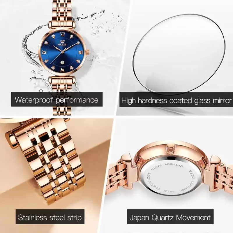 OLEVS-Relógio de quartzo impermeável feminino, Luxo, Aço inoxidável, Strap, Data, Relógio, Moda, Top Brand, Novo, Mulheres, Lady, 5866