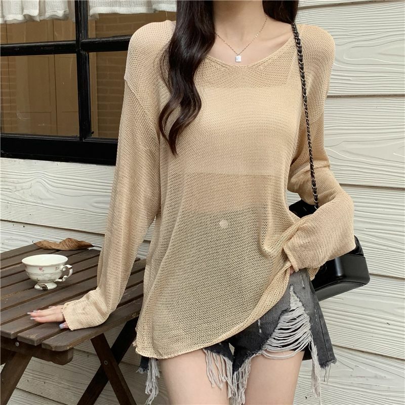 Summer Retro Fashion Long Sleeve Skeleton Knit Women Thin Inner Ice Breathable Sunscreen Blouse Tops Sexy