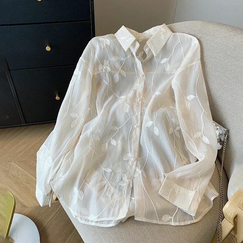 Chiffon Women's Shirt Summer Retro Embroidery Blouses Loose Chinese Style Women Tops Long Sleeves Fashion Clothing YCMYUNYAN