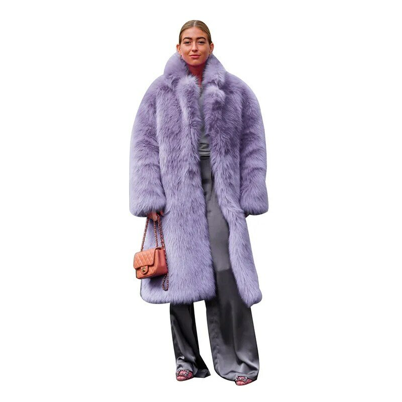 Пальто женское из искусственного меха, свободная длинная куртка с длинным рукавом, однотонная верхняя одежда с отложным воротником, плотная теплая зимняя одежда