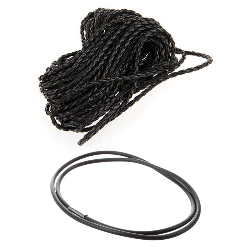 9M tali kalung kulit hitam kepang tali DIY 3Mm panas dengan 3Mm tali karet hitam kalung-24 inci