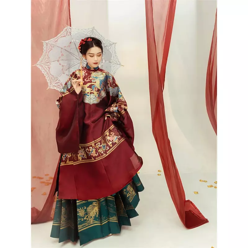 YanShanTing Autumn Ancient Chinese Ming Dynasty Wedding Claret Round Neck Robe Dark Green Horse Face Skirt Christmas Costume Set