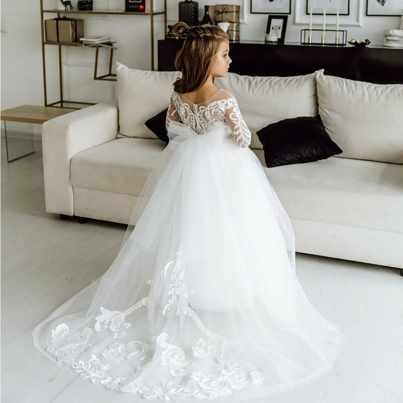 2024 свадебное платье с длинным рукавом для девочек, кружевное платье принцессы для свадебной вечеринки, фатиновое платье с шариками, платье для подружки невесты