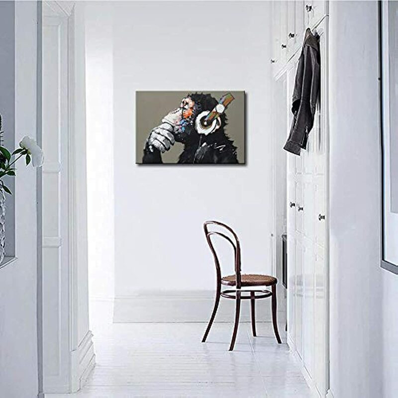 Wall Art Animals Animal Music Gorilla Canvas Printed Painting Modern Funny Thinking Monkey with Headphone Wall Art