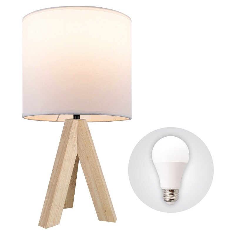 Hauptstützen Stativ Eiche Tisch lampe mit klassischem weißen Stoffs chirm, 16.75 "h, LED-Lampe enthalten