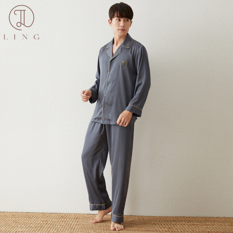 Ling set piyama lengan panjang pria, 2 buah pakaian tidur santai sutra Satin pria, set gaya sampel 2 potong pinggang elastis