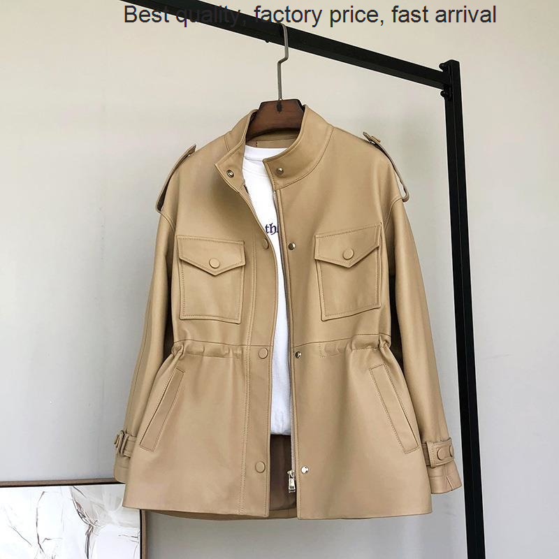 Alta qualidade de luxo da marca workwear gola couro das mulheres médio longo waisted pele carneiro blusão casaco 2023 primavera novo