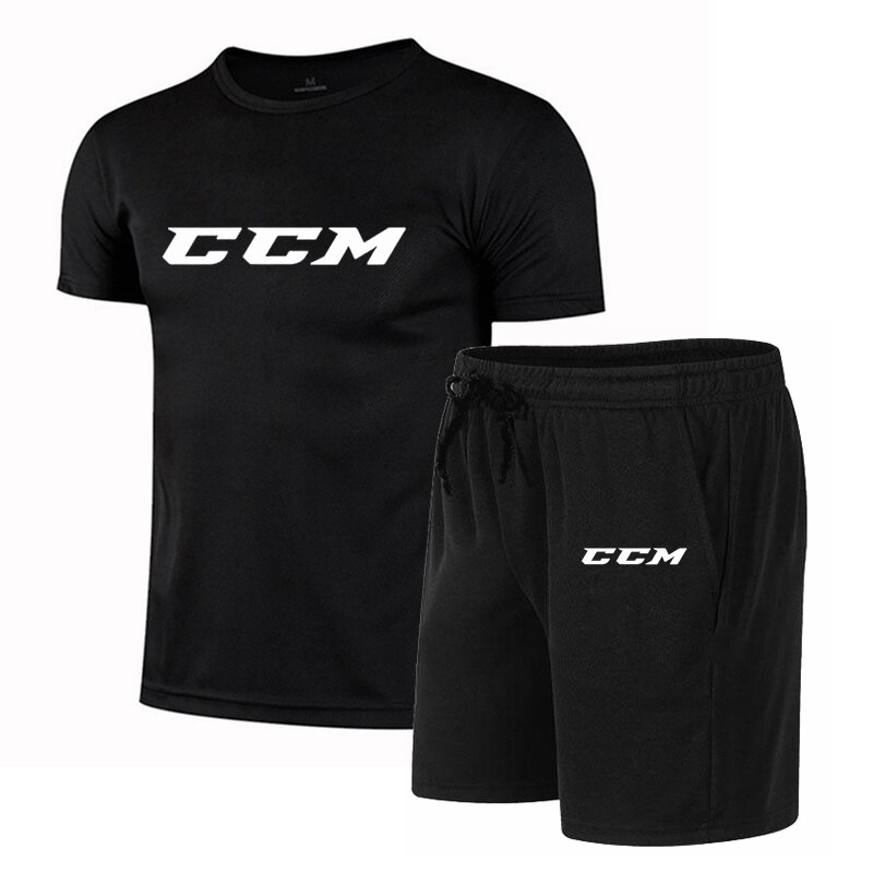 Setelan pakaian olahraga kebugaran pria, pakaian kasual pria musim panas CCM lengan pendek + celana pendek 2 potong