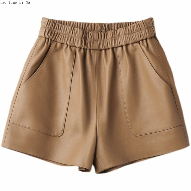 2023 Women Genuine Sheepskin Leather  Shorts Elastic Waist Slim Wide Leg Shorts S9