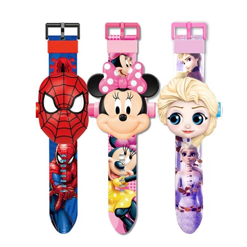Disney zegarek projekcyjny dla chłopców dziewcząt projektor LED zegarki mrożone Elsa Spiderman Micky Minnie Mouse księżniczka cyfrowy świąteczny prezent