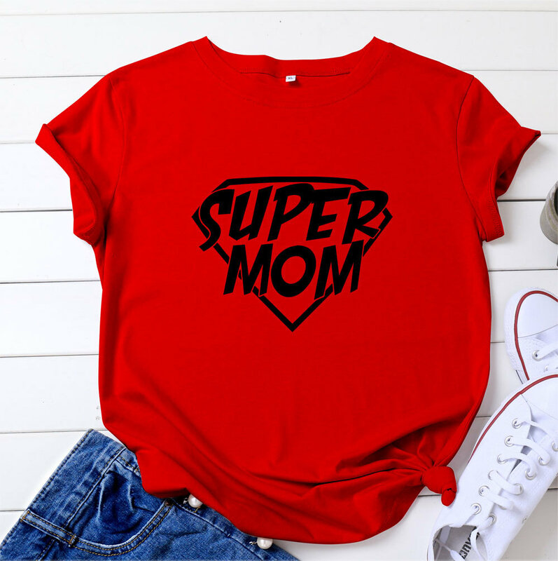 Футболка женская с принтом Super Mom, свободная рубашка с коротким рукавом и круглым вырезом, топ, одежда