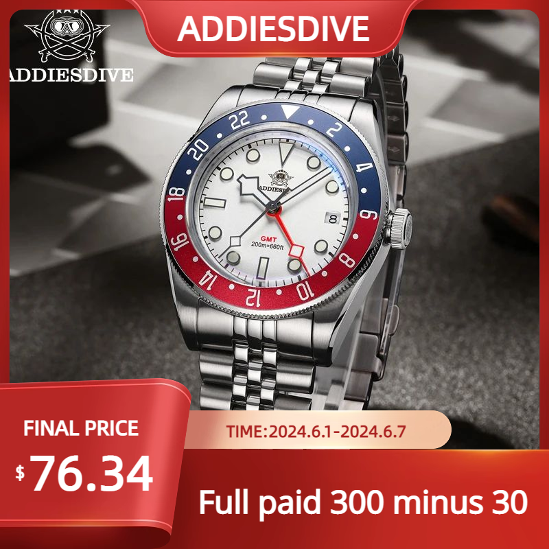 Addiesdive 39Mm Gmt Horloge Lichtgevende Sport Quartz Horloges Voor Mannen Bezel Waterdicht 20bar Duiken Bubble Spiegel Glas Polshorloges