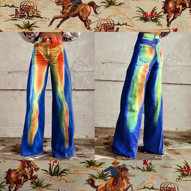 Fashion women's wide leg pants, retro star 3D pattern, suitable for daily shopping and casual women's wide leg pants
