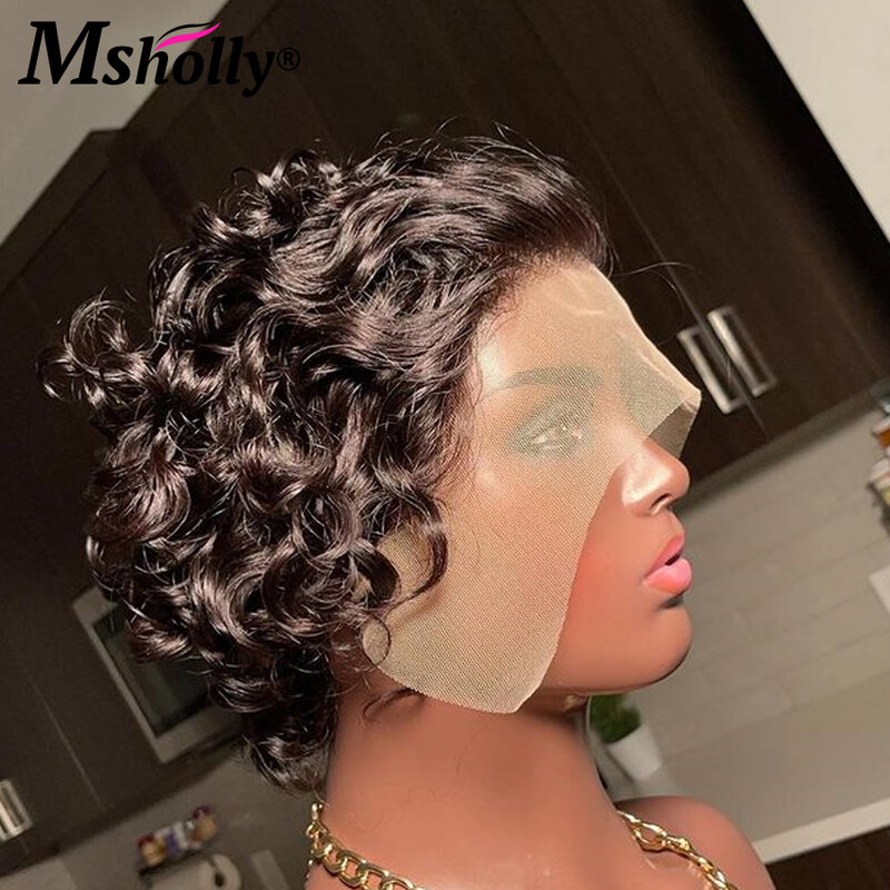 Short Jerry Curly Wig 13x1 Transparent Lace Front Wigs Pixie Cut Pre Plucked With Baby Hair Wig For Women Brazilian Remy Wigs