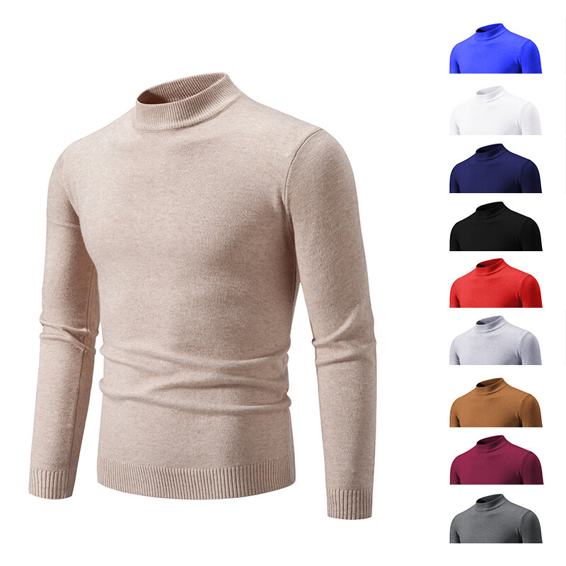 Suéter grueso y cálido de cuello alto para hombre, suéteres de marca, prendas de punto ajustadas, cuello doble, Invierno