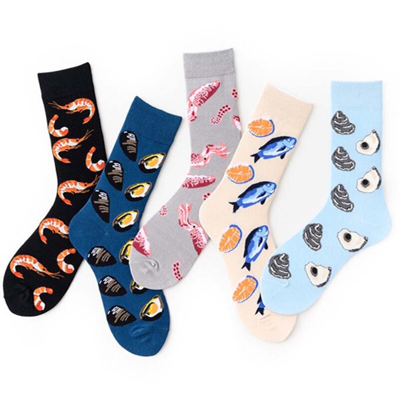Lot de 5 paires de chaussettes en coton pour hommes et femmes, motif géométrique, motif oiseaux, fruits de mer, fleurs, animaux, crevettes