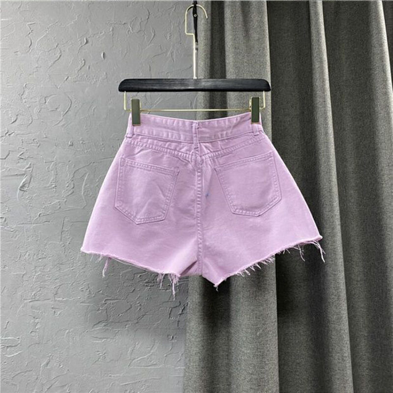 Candy Colored Distressed Denim Shorts Women's High Waisted Green A-line Hot Pants 2024 New Summer Korean Wide Leg Pants Female