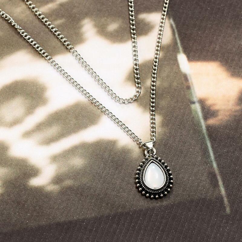 Vintage Pendant Necklace Choker Waterdrop Shaped Opal Double Layer Women Jewelry