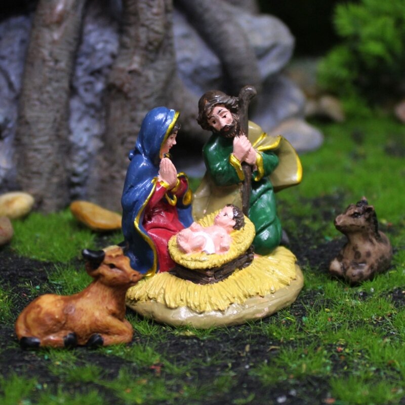 1set Birth Of Holy Statue Ornament Meaningful Nativity Scene Crafts Resin Christmas Manger Catholic Tabletop Figurine