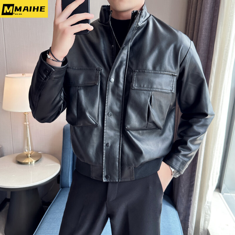 Jaket kulit pria, merek baru saku besar Slim-fit kerah berdiri pakaian lokomotif tahan angin hangat kualitas mantel ukuran Plus M-4XL