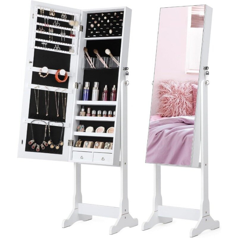Jewelry Cabinet with Full-Length Mirror, Standing Lockable Jewelry Armoire Mirror Organizer, 3 Angel Adjustable