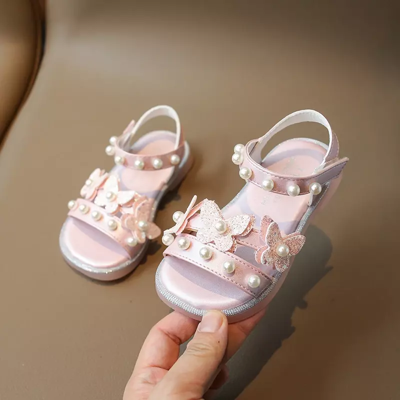 Girls Princess Sandals Chic Rhinestone Butterfly Children's Summer Sandals Fashion Sequins Pearl Kids Open-toe Flat Sandals New
