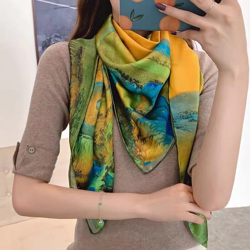 Bysifa-女性のための黄色の緑のスカーフ,ファッショナブルな女性のスカーフ,エレガントなサテンのスクエアスカーフ,秋冬ブランド