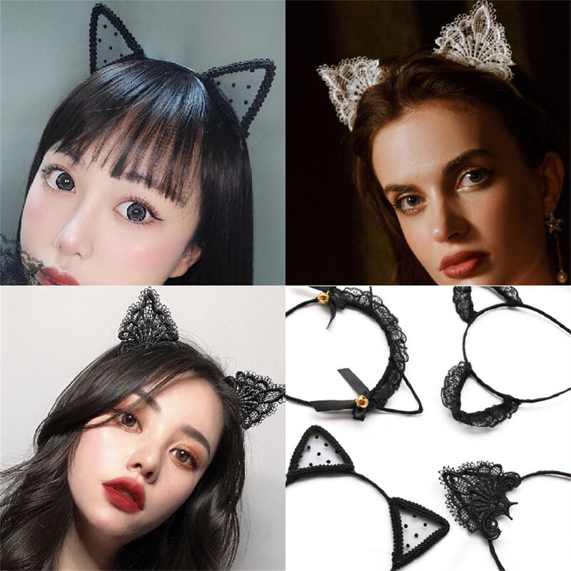 Fascia per capelli Sexy con orecchie di gatto in pizzo con orecchie di gatto Cosplay fascia per capelli per feste di compleanno per bambini accessori per capelli neri alla moda ragazze