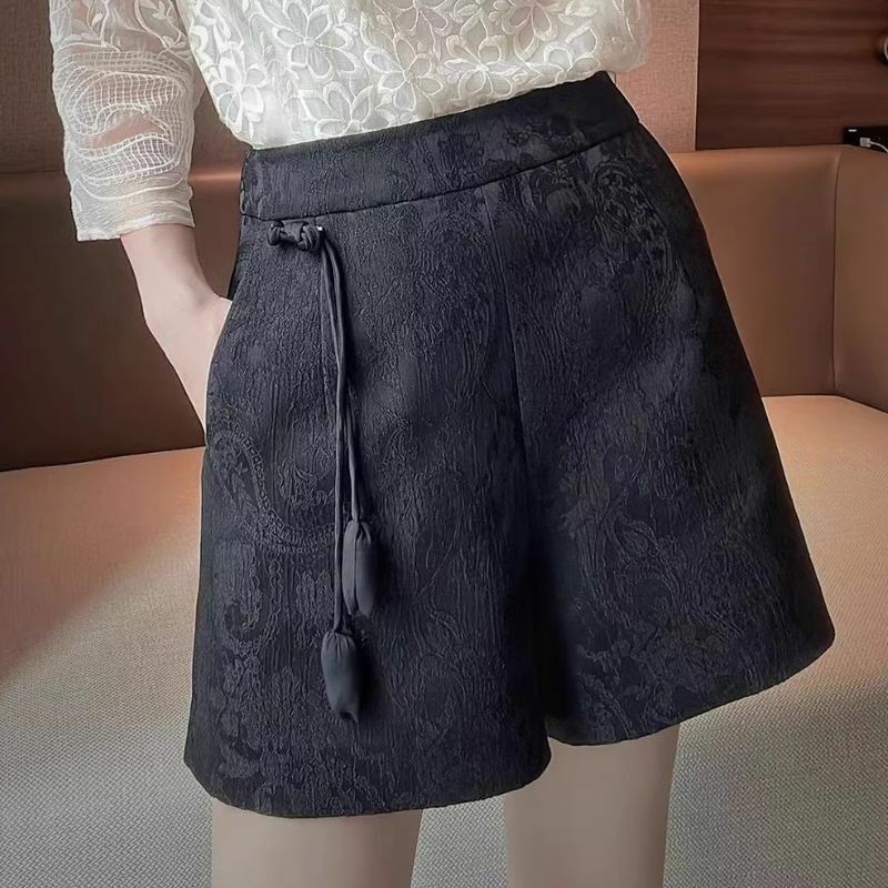 Shorts Jacquard de cintura alta com renda feminina, shorts soltos, moda casual, arte retrô, estilo chinês, versátil, verão, novo, 2024