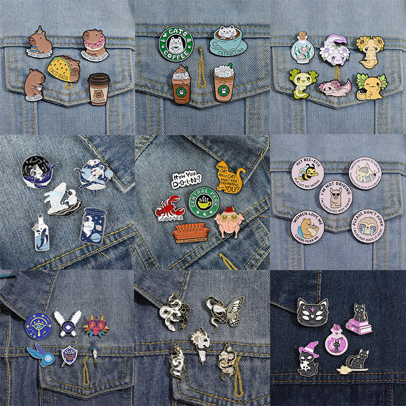4-6Pcs Set Enamel Pins Custom Animal Brooches Lapel Badges Cartoon Cat Snake Puffer Jewelry Gift for Kids Friends